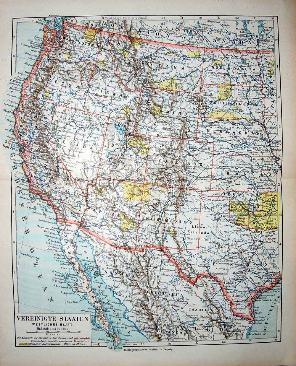 Old Antique Print Meyers German Atlas 1900 Map Vereinigte Staaten America 20th