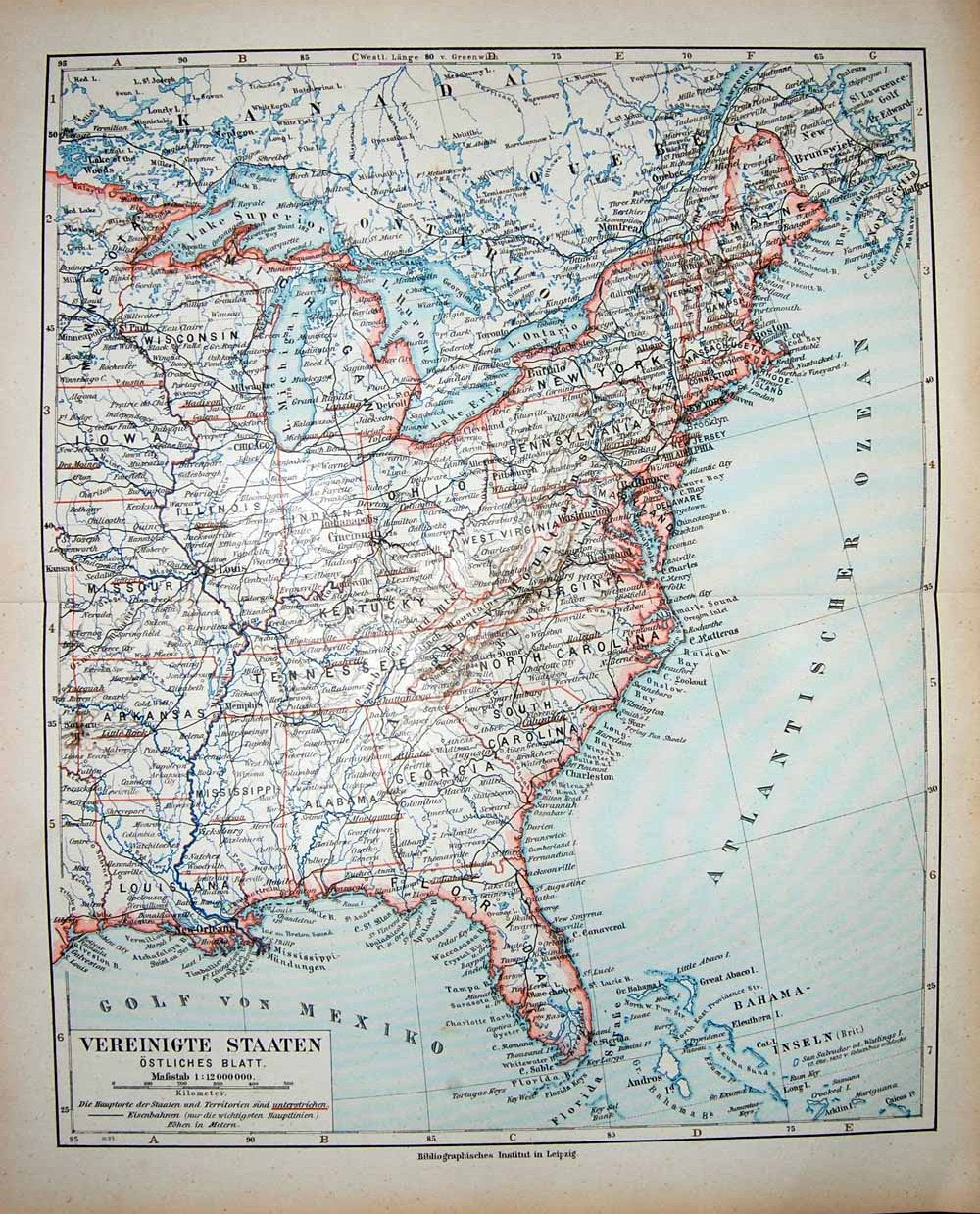 Antique Print *231 Meyers German Atlas 1900 Map Vereinigte Staaten America