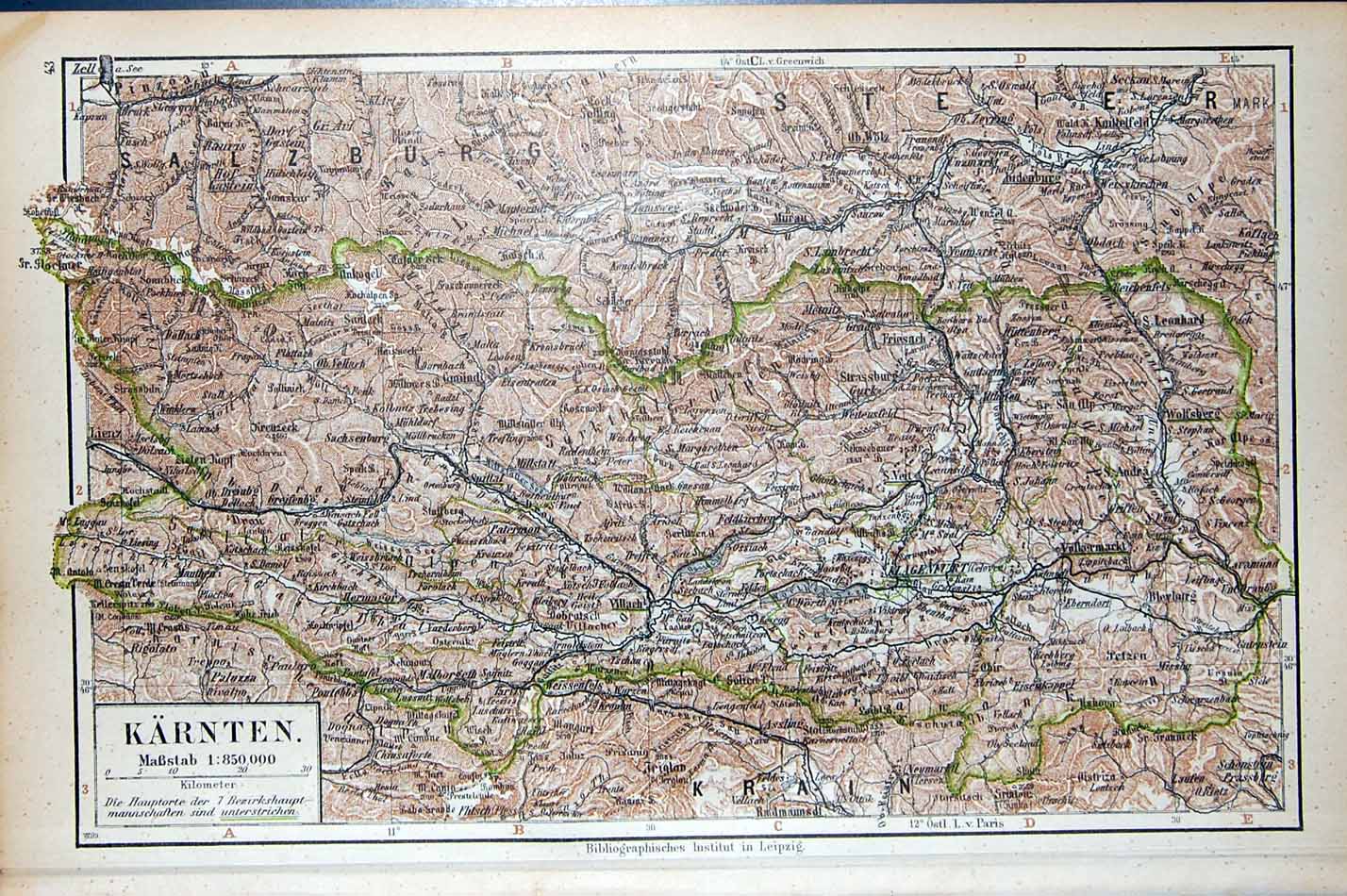 Original Old Antique Print Meyers Atlas 1900 Map Karnten Krain Salzburg Steier