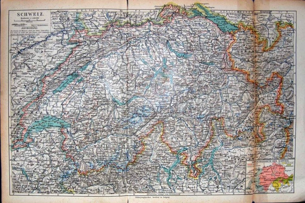 Old Antique Print Meyers Atlas 1900 Map Bern Germany Basel Besancon Gene 20th