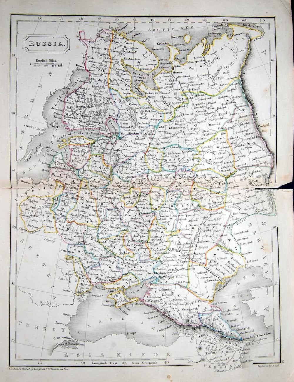 Original Old Antique Print 1844 Map Russia Moscow Petersburg Gulf Finland 19th