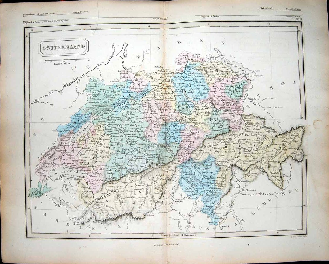Original Old Antique Print 1860 Map Switzerland Lake Neuchatel Walden Geneva