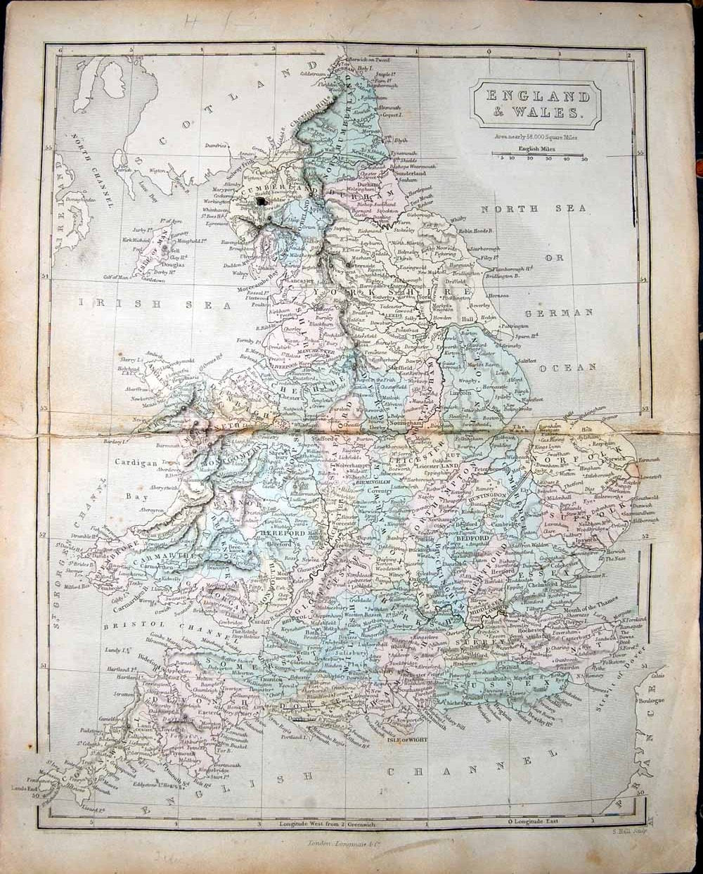 Original Old Antique Print 1860 Map England Wales Isle Man Lans End Channel