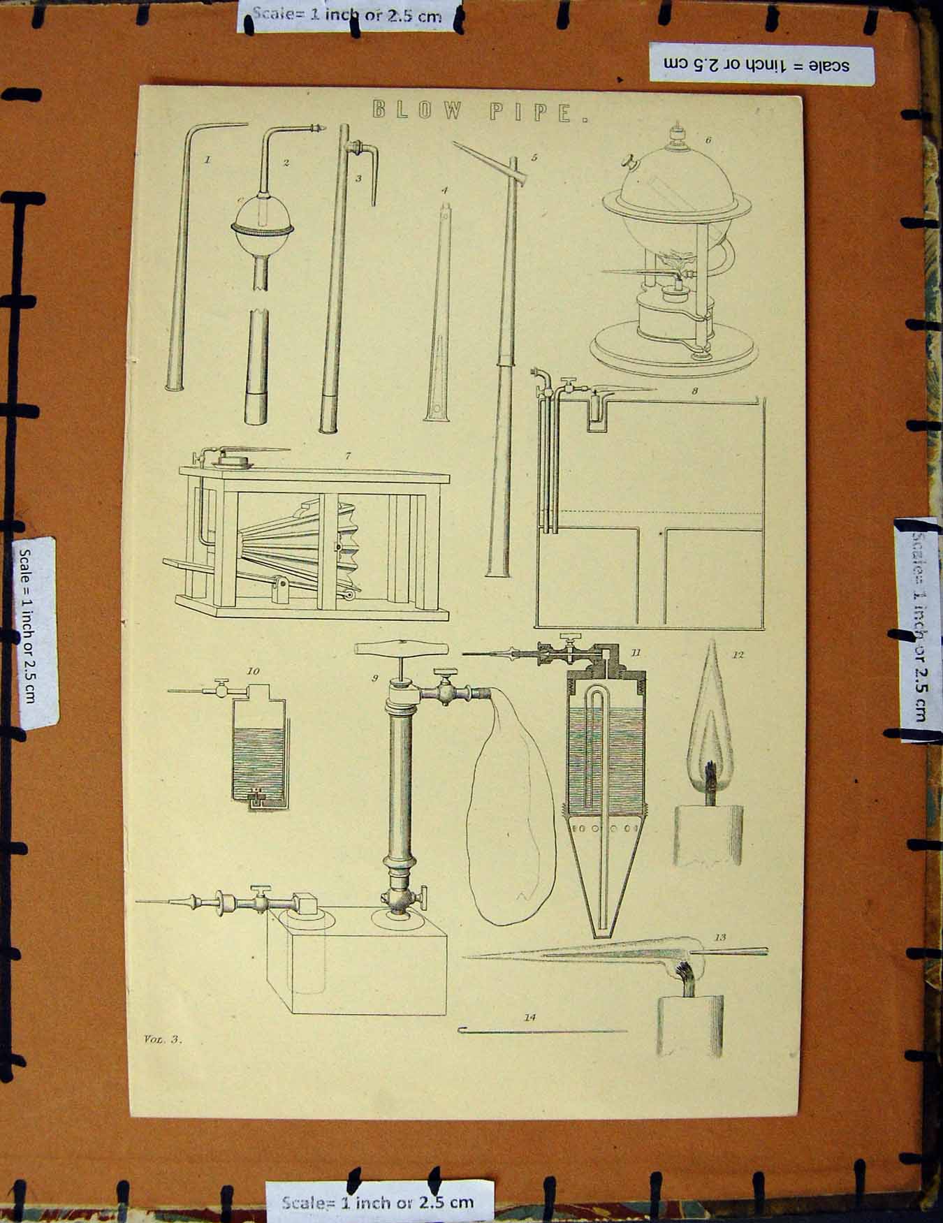 Original Old Antique Print C1800-1870 Blow Pipe Instrument Diagrams 19th