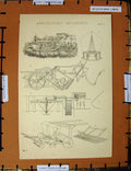 Original Old Antique Print C1800-1870 Agricultural Implements Farm 19th Century