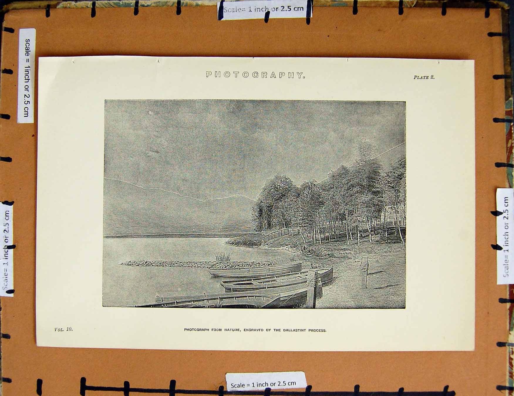Original Old Antique Print C1800-1870 Photography Lake Boats Trees 19th Century