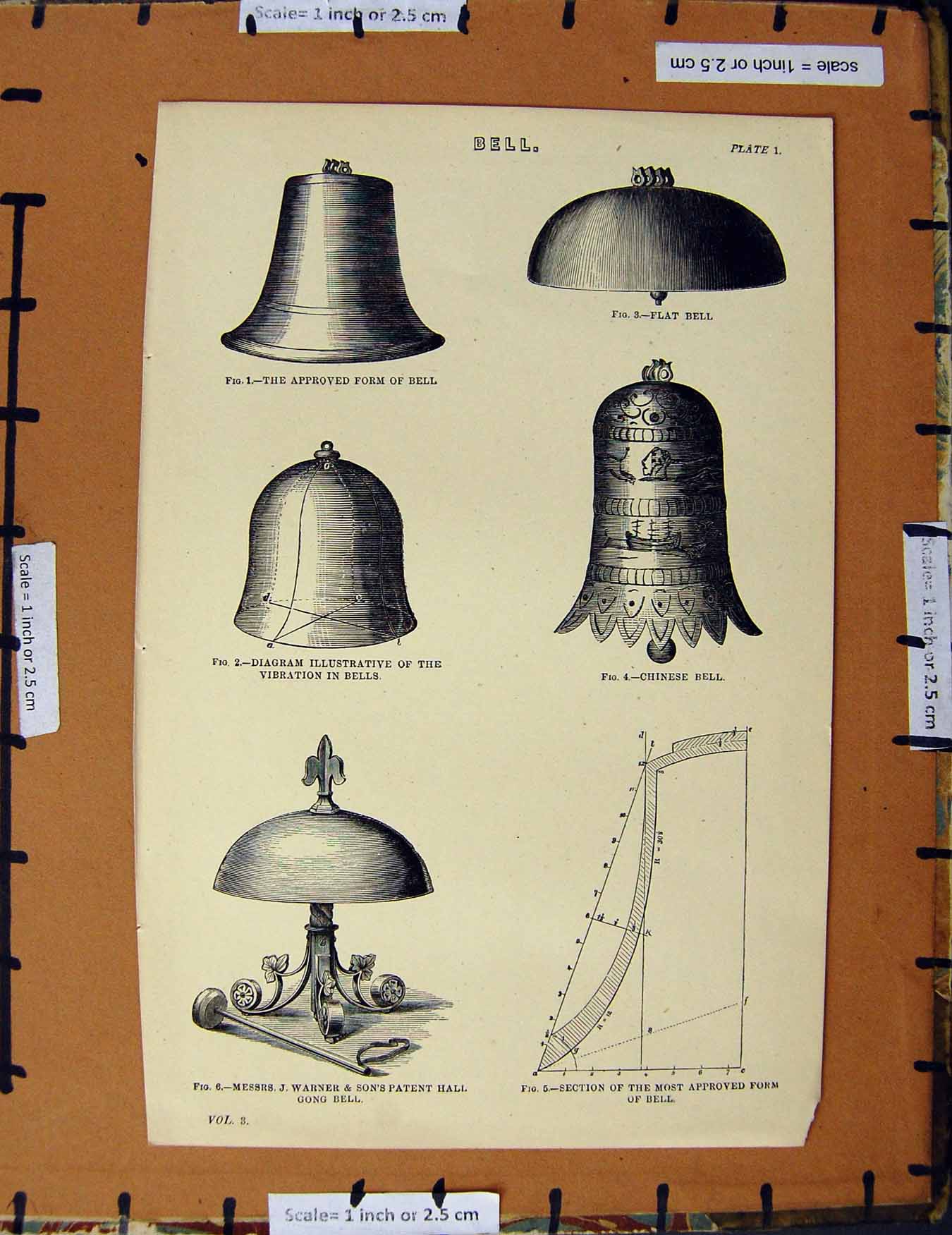 Original Old Antique Print C1800-1870 Bell Chinese Warner Hall Gong 19th