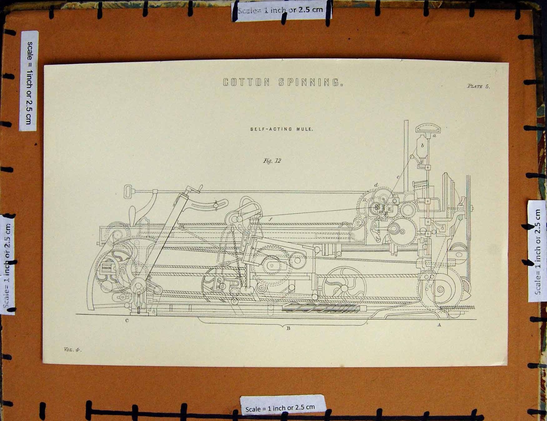 Original Old Antique Print C1800-1870 Cotton Spinning Machinery Mule 19th