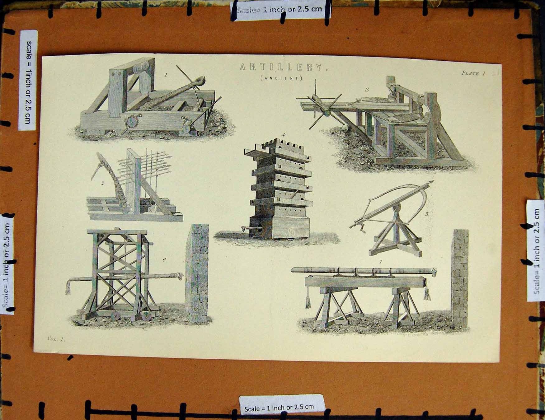 Original Old Antique Print C1800-1870 Ancient Artillery Weapons War 19th