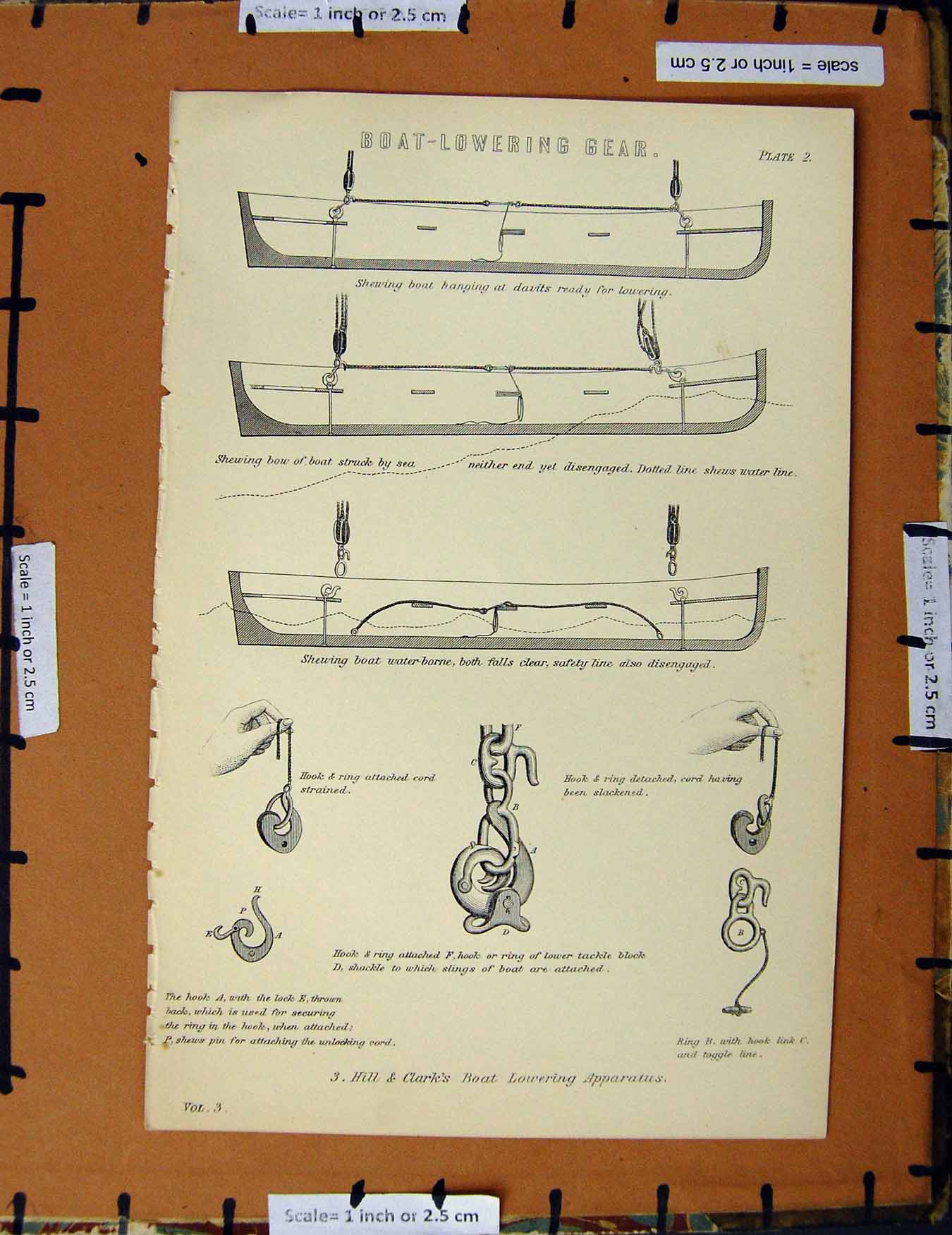 Original Old Antique Print C1800-1870 Hill Clark Boat Lowering Apparatus 19th