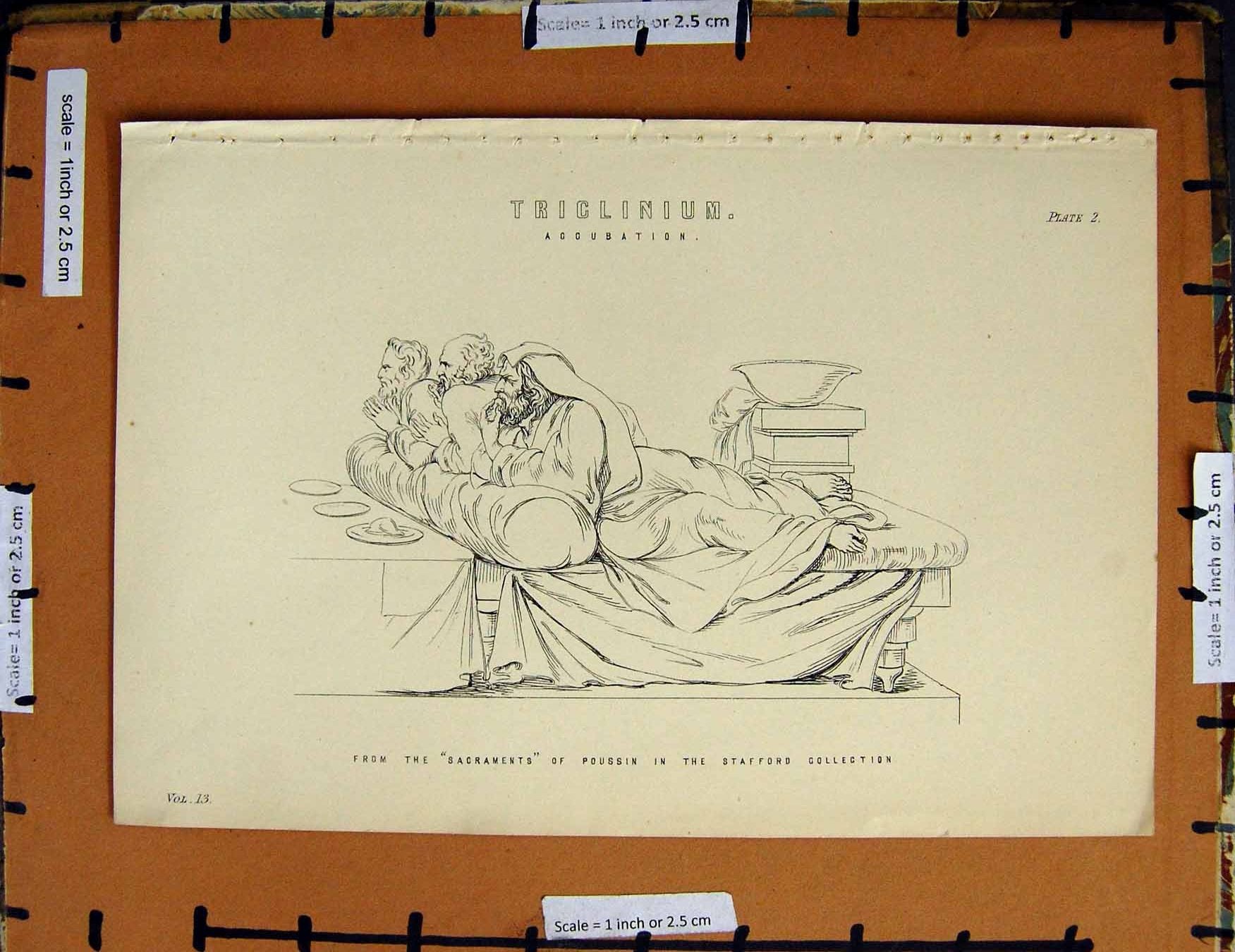 Original Old Antique Print C1800-1870 Triclinium Accubation Poussin 19th