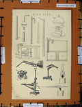 Original Old Antique Print C1800-1870 Blow Pipe Instruments Diagrams 19th
