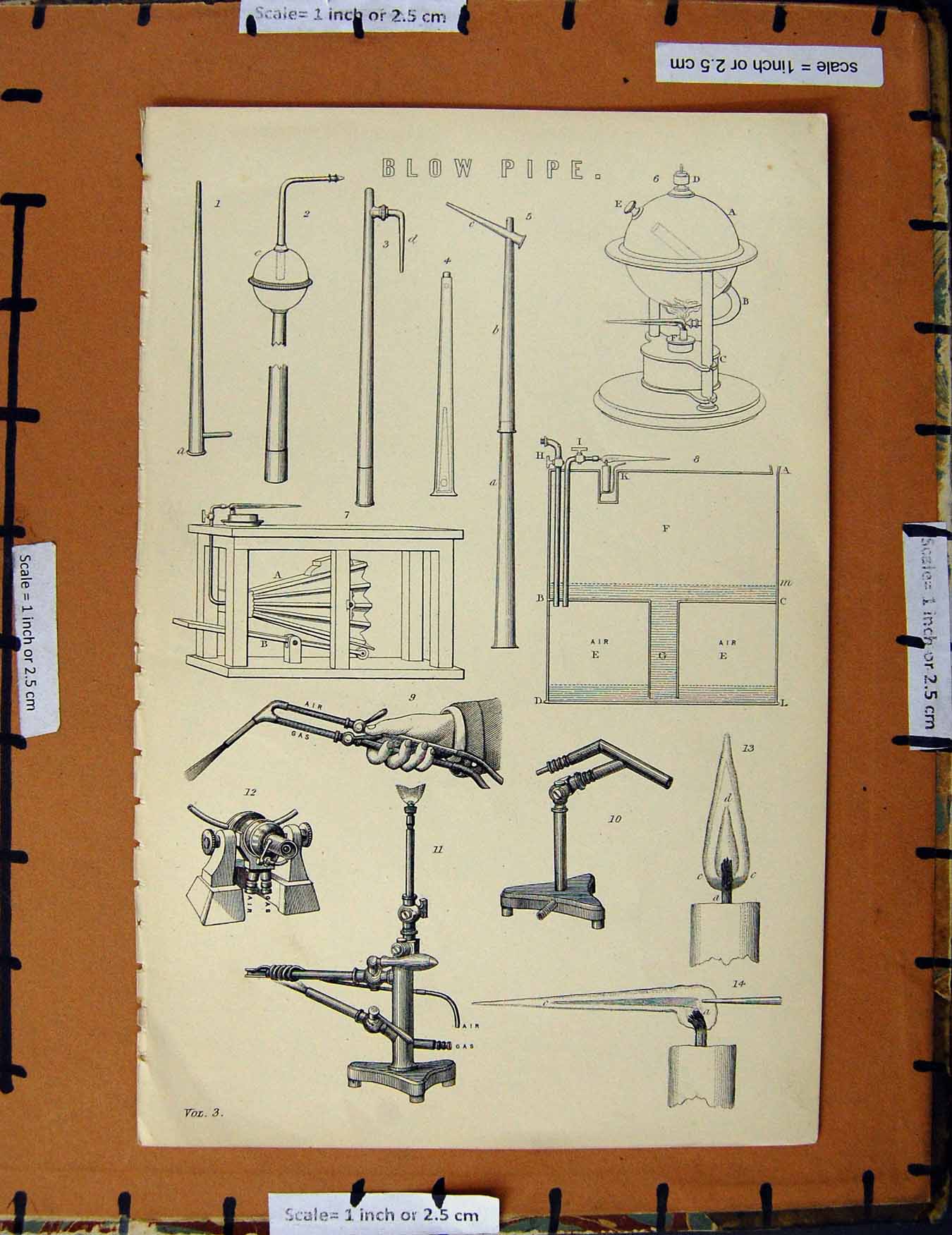 Original Old Antique Print C1800-1870 Blow Pipe Instruments Diagrams 19th