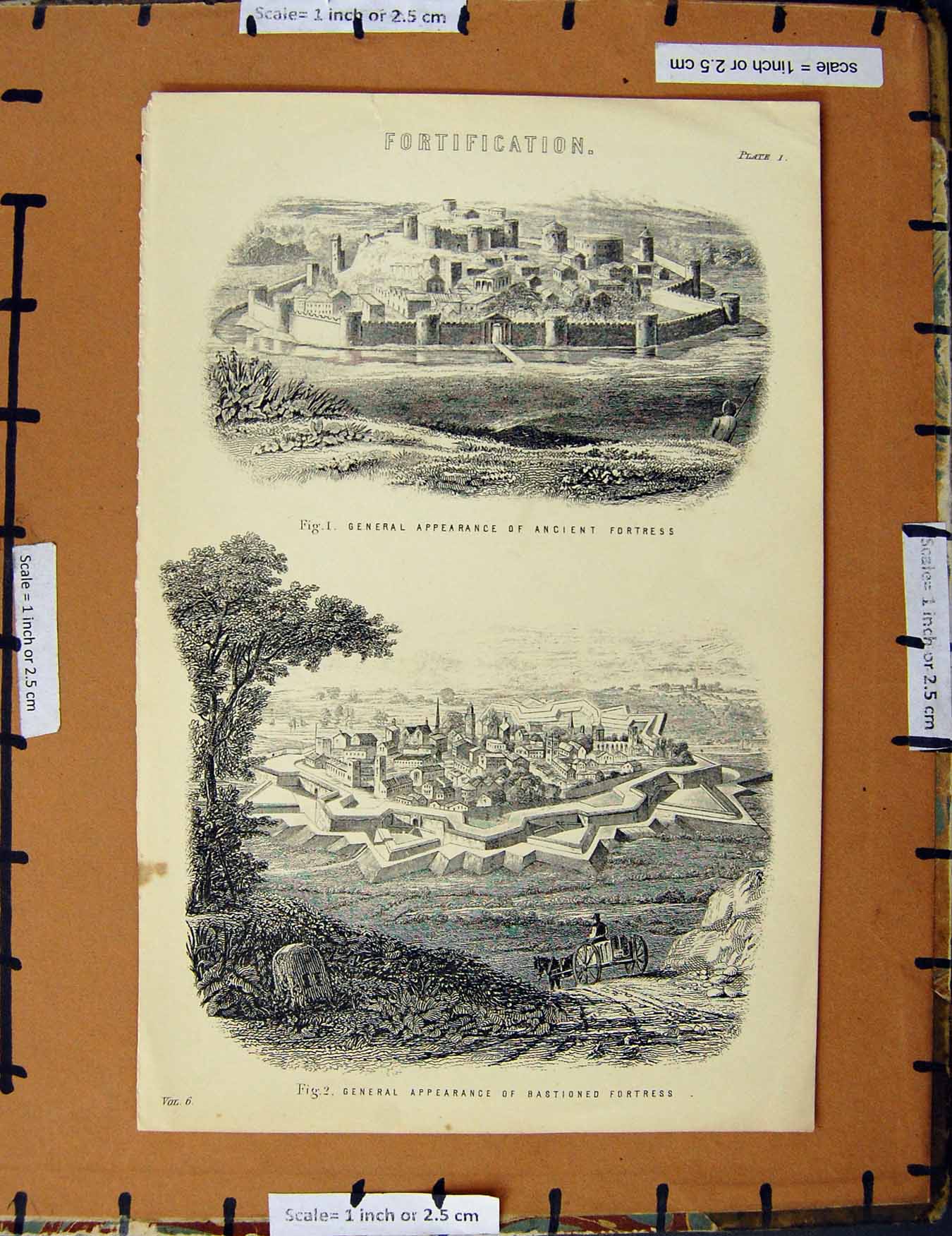 Original Old Antique Print C1800-1870 Bastioned Ancient Fortress 19th Century
