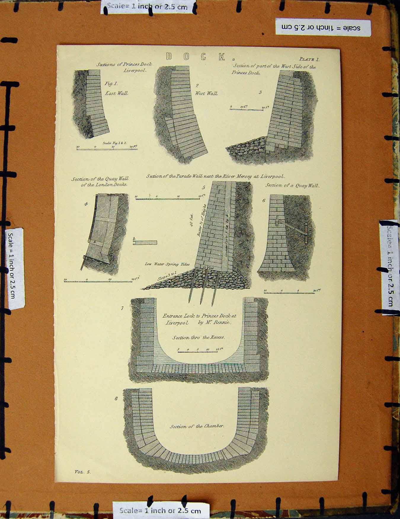 Original Old Antique Print C1800-1870 Princess Dock Liverpool Diagrams 19th