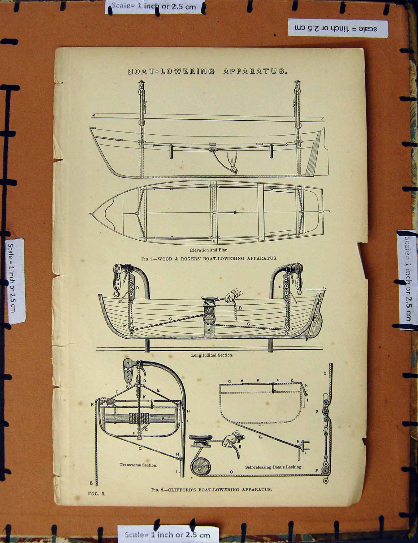 Original Old Antique Print C1800-1870 Boat Lowering Apparatus Clifford 19th
