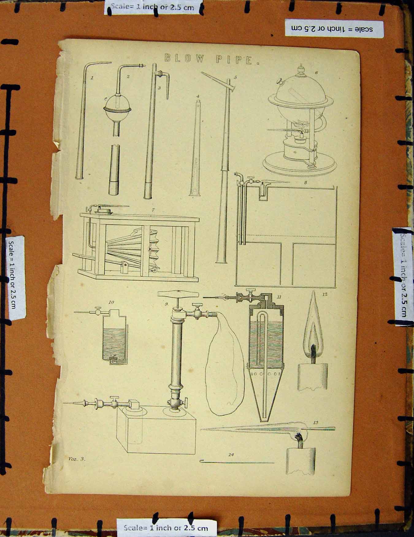 Original Old Antique Print Ref.234 C1800-1870 Blow Pipe Instruments Diagrams