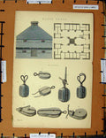 Original Old Antique Print C1800-1870 Block House Implements Tools 19th Century