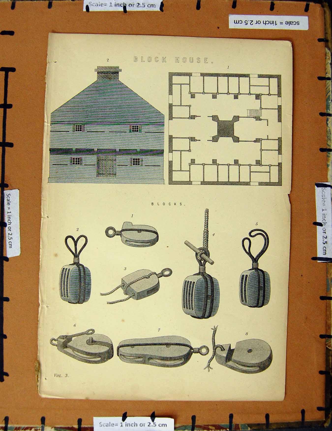 Original Old Antique Print C1800-1870 Block House Implements Tools 19th Century