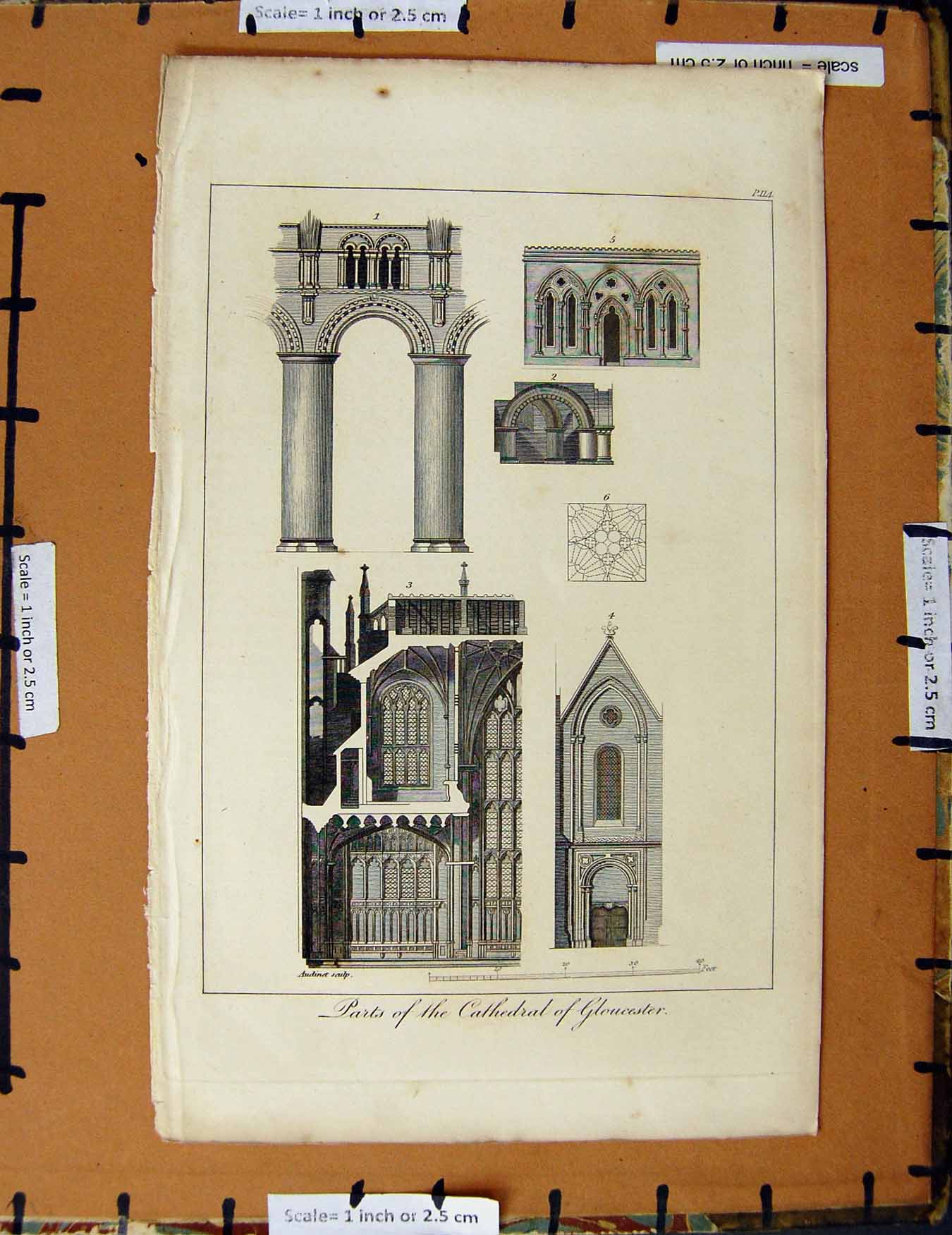 Original Old Antique Print C1800-1870 Parts Cathedral Gloucester 19th Century
