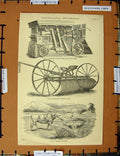 Original Old Antique Print C1800-1870 Agricultural Implements Reaper Thrashing