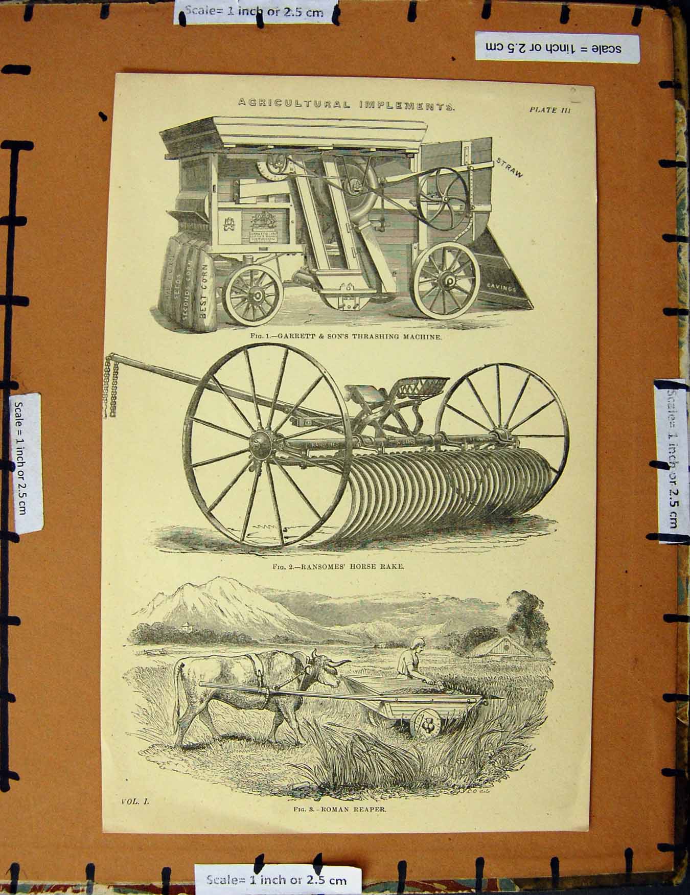Original Old Antique Print C1800-1870 Agricultural Implements Reaper Thrashing