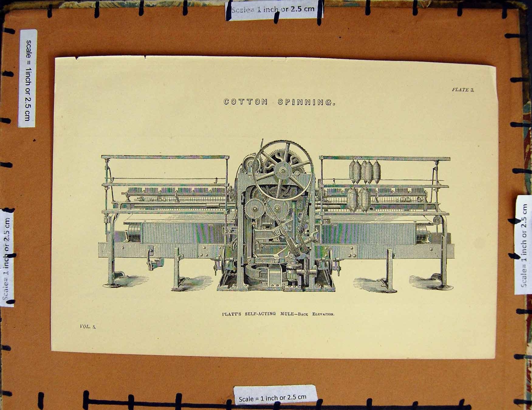 Original Old Antique Print C1800-1870 Cotton Spinning Machinery Platt Mule 19th