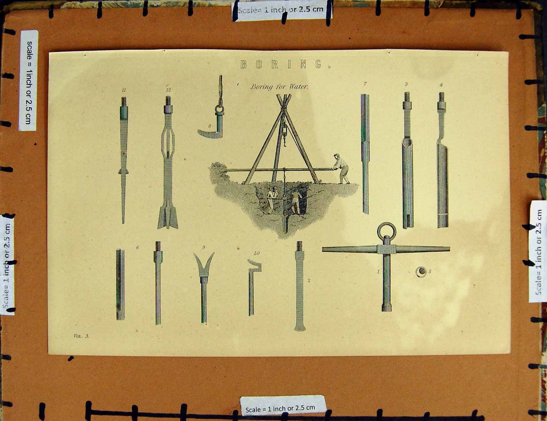 Original Old Antique Print C1800-1870 Boring Water Machinery Drawing 19th