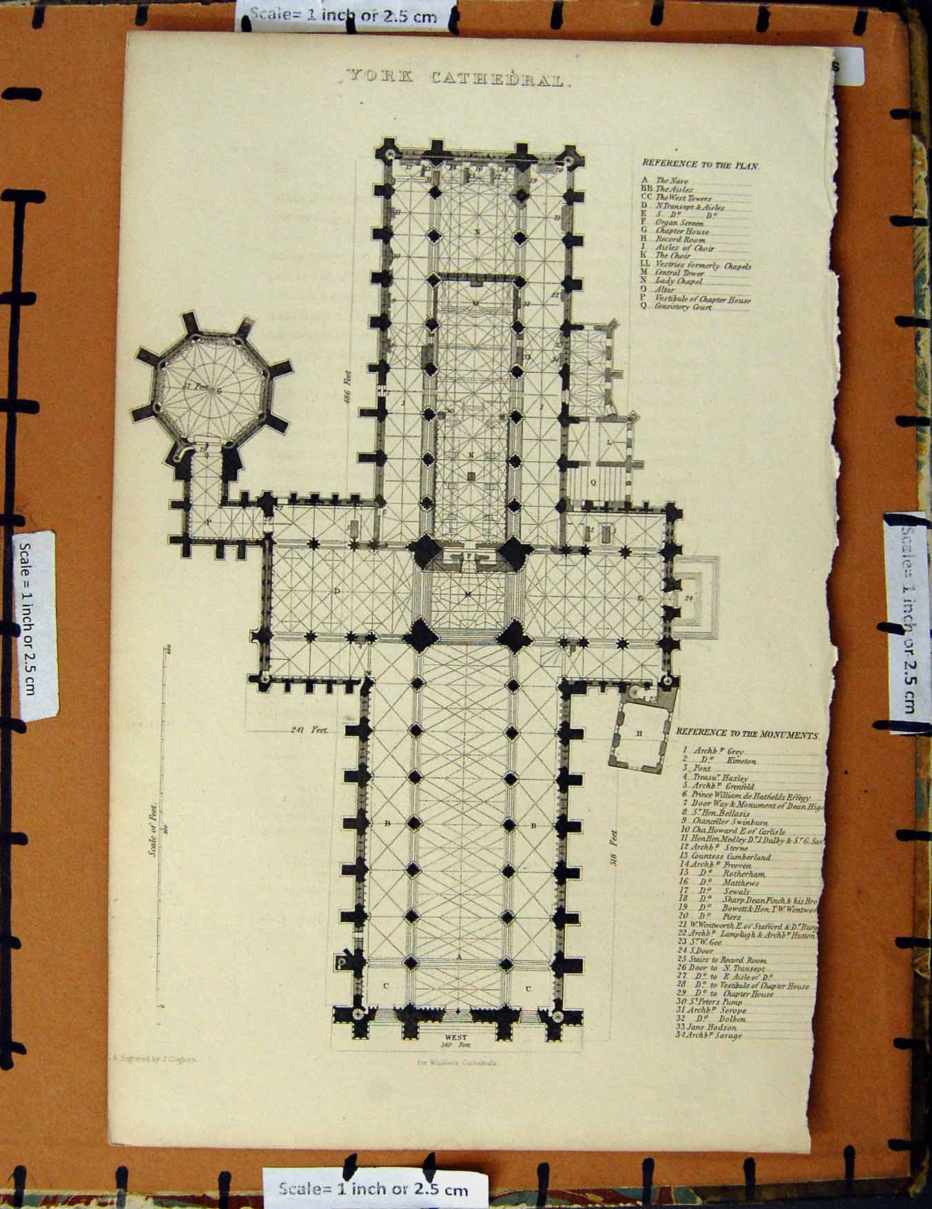 Original Old Antique Print C1800-1870 Plan York Cathedral Monuments 19th