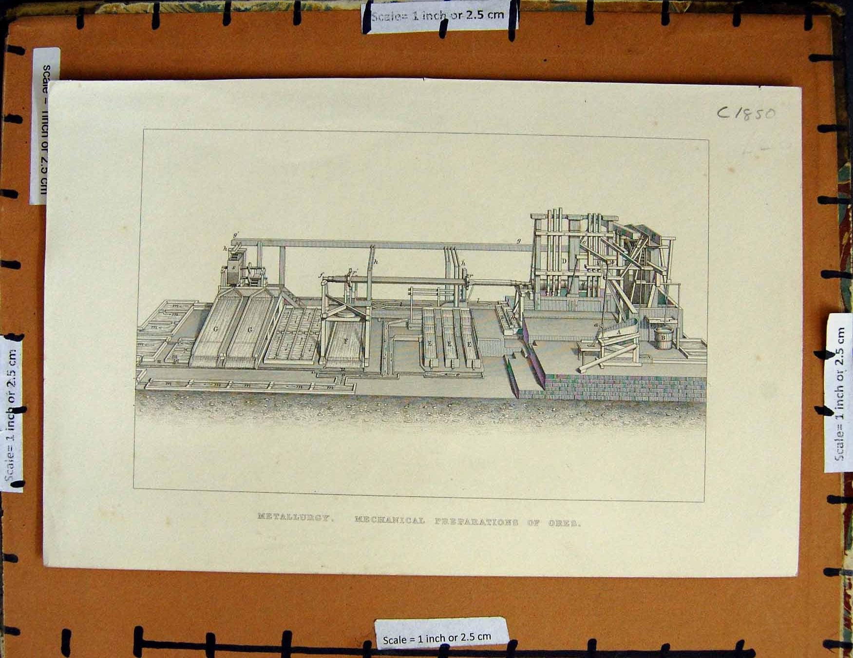 Original Old Antique Print C1800-1870 Mechanical Ores Metallurgy 19th Century