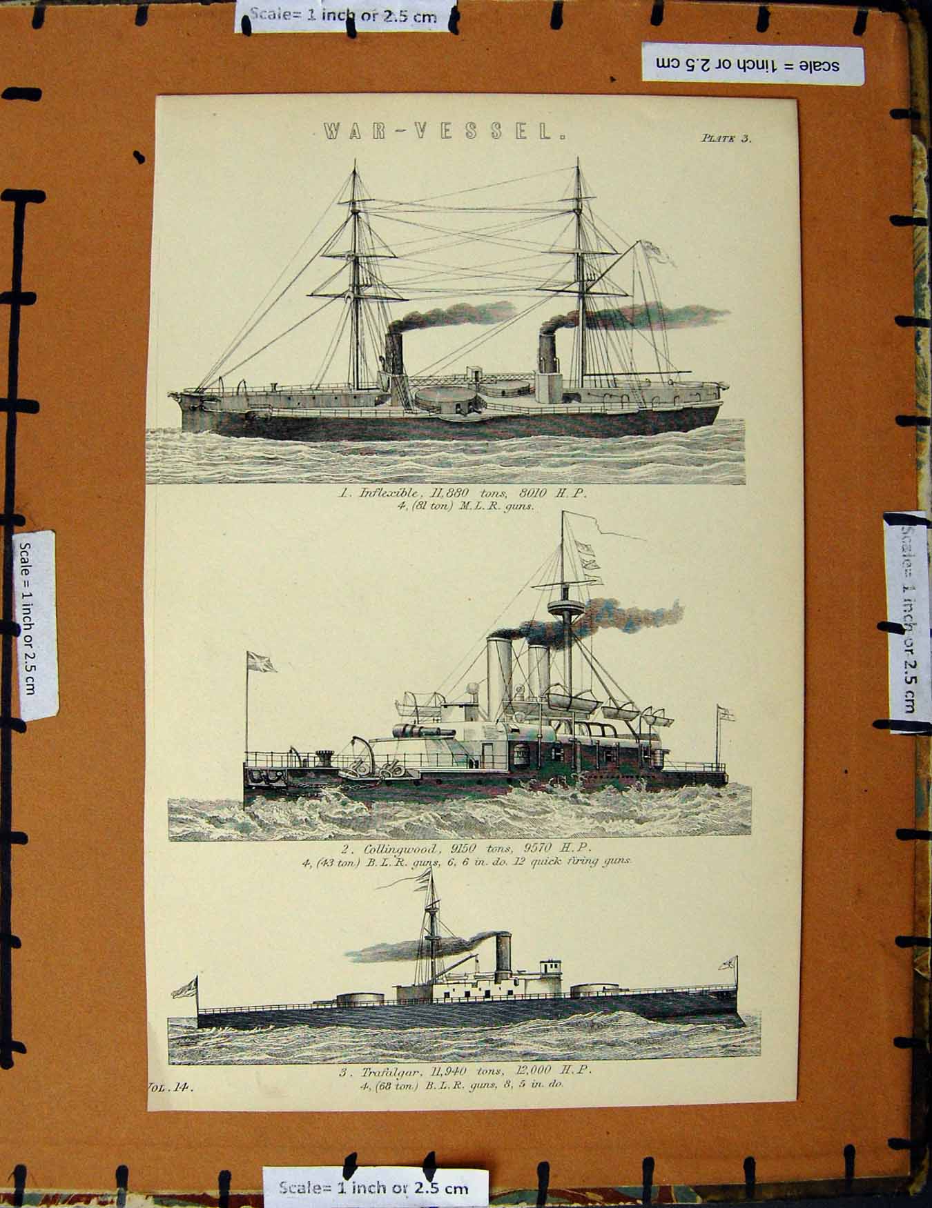Original Old Antique Print C1800-1870 War Ships Inflexible Trafalgar 19th
