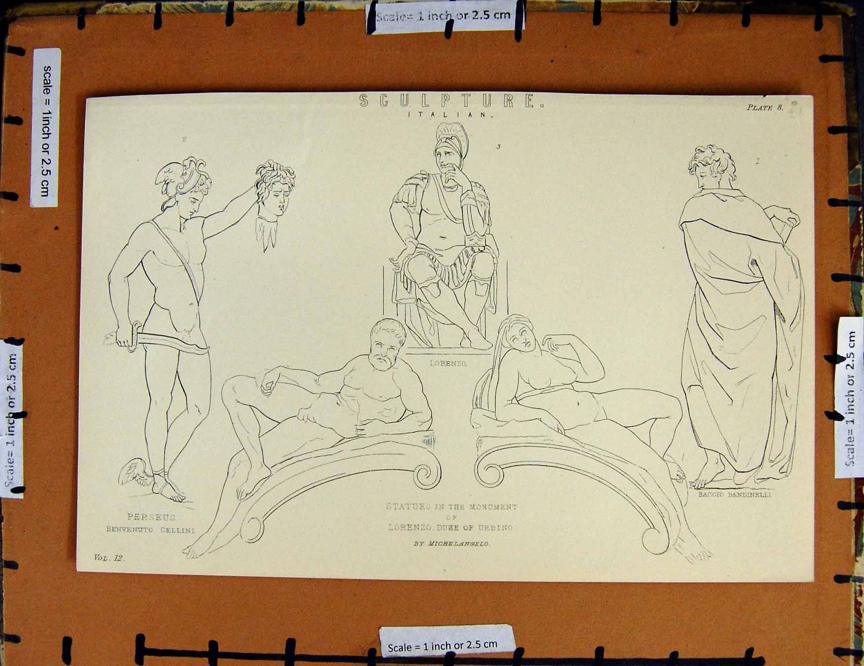 Original Old Antique Print C1800-1870 Italian Sculpture Perseus Napoleonic Era