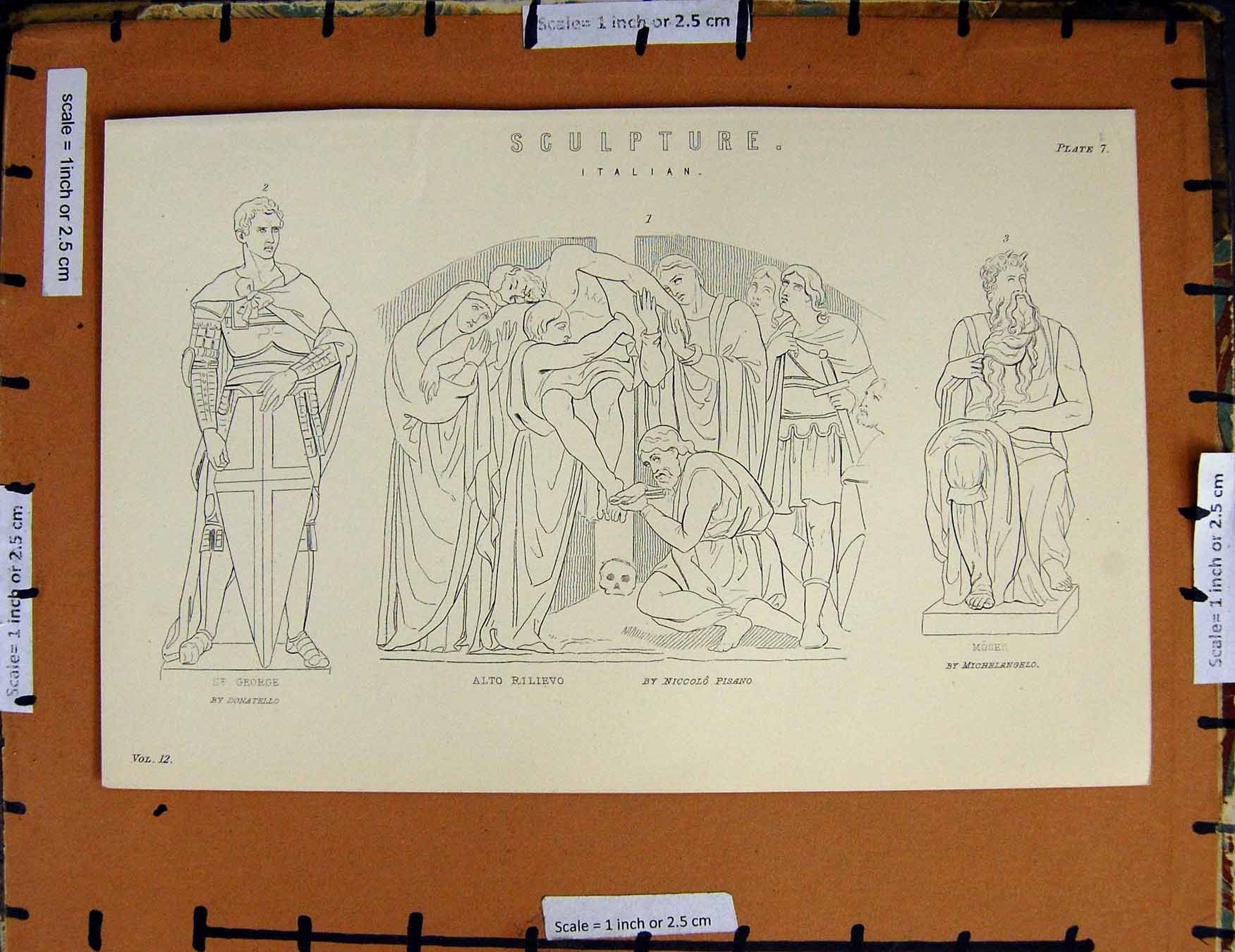 Original Old Antique Print C1800-1870 Italian Sculpture Moses Rilievo 19th