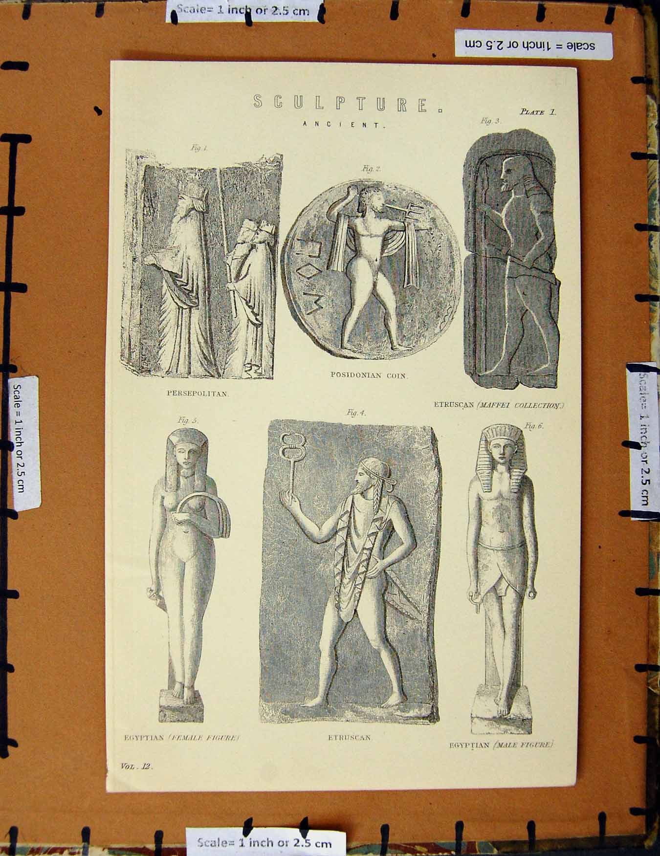 Original Old Antique Print C1800-1870 Ancient Sculpture Etruscan 19th Century
