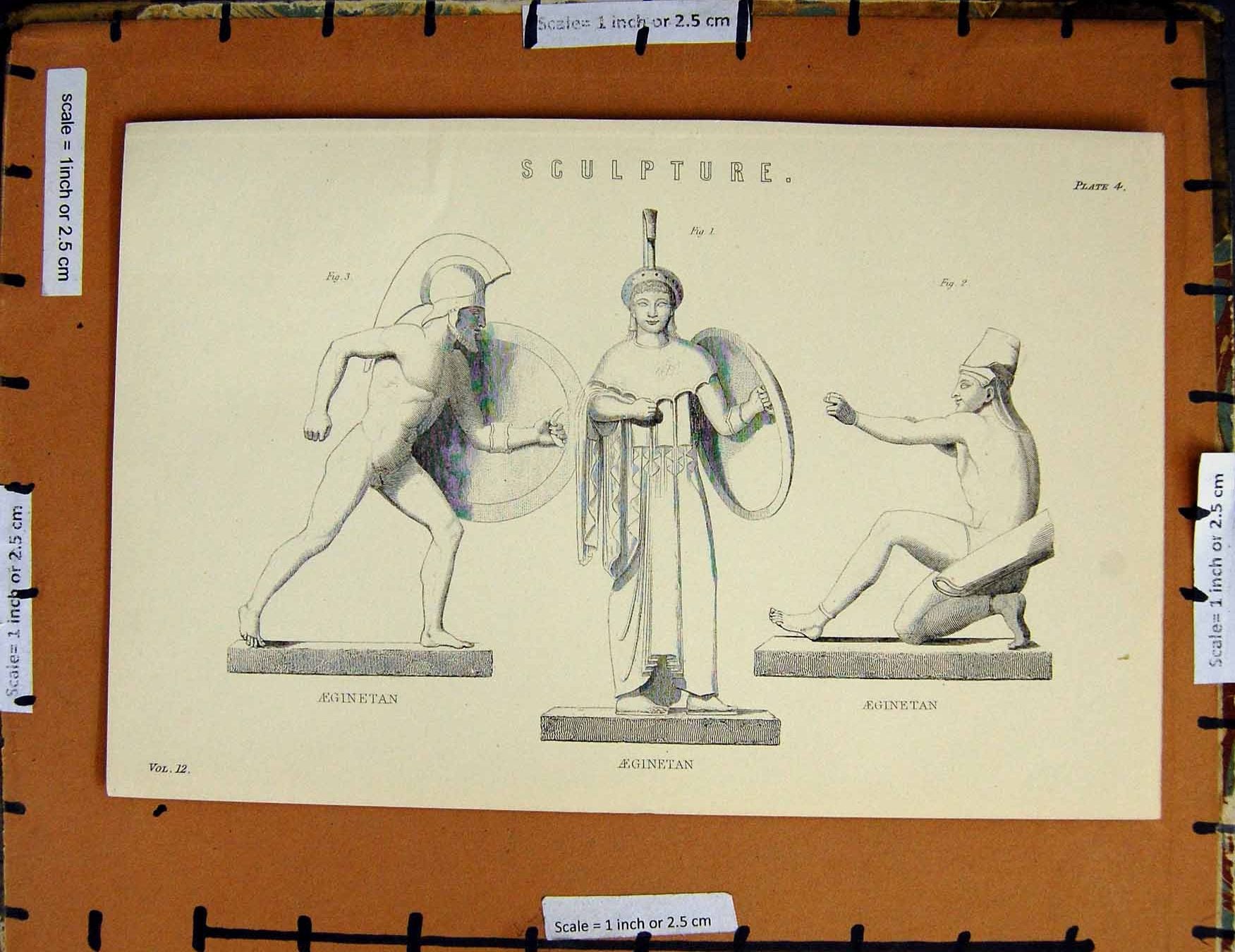 Original Old Antique Print C1800-1870 Sculpture Aeginetan Statues 19th Century