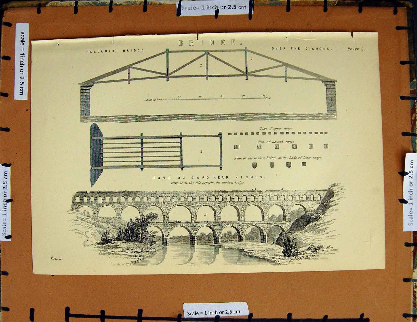 Original Old Antique Print C1800-1870 Bridge Cismone Nismes Engineer 19th