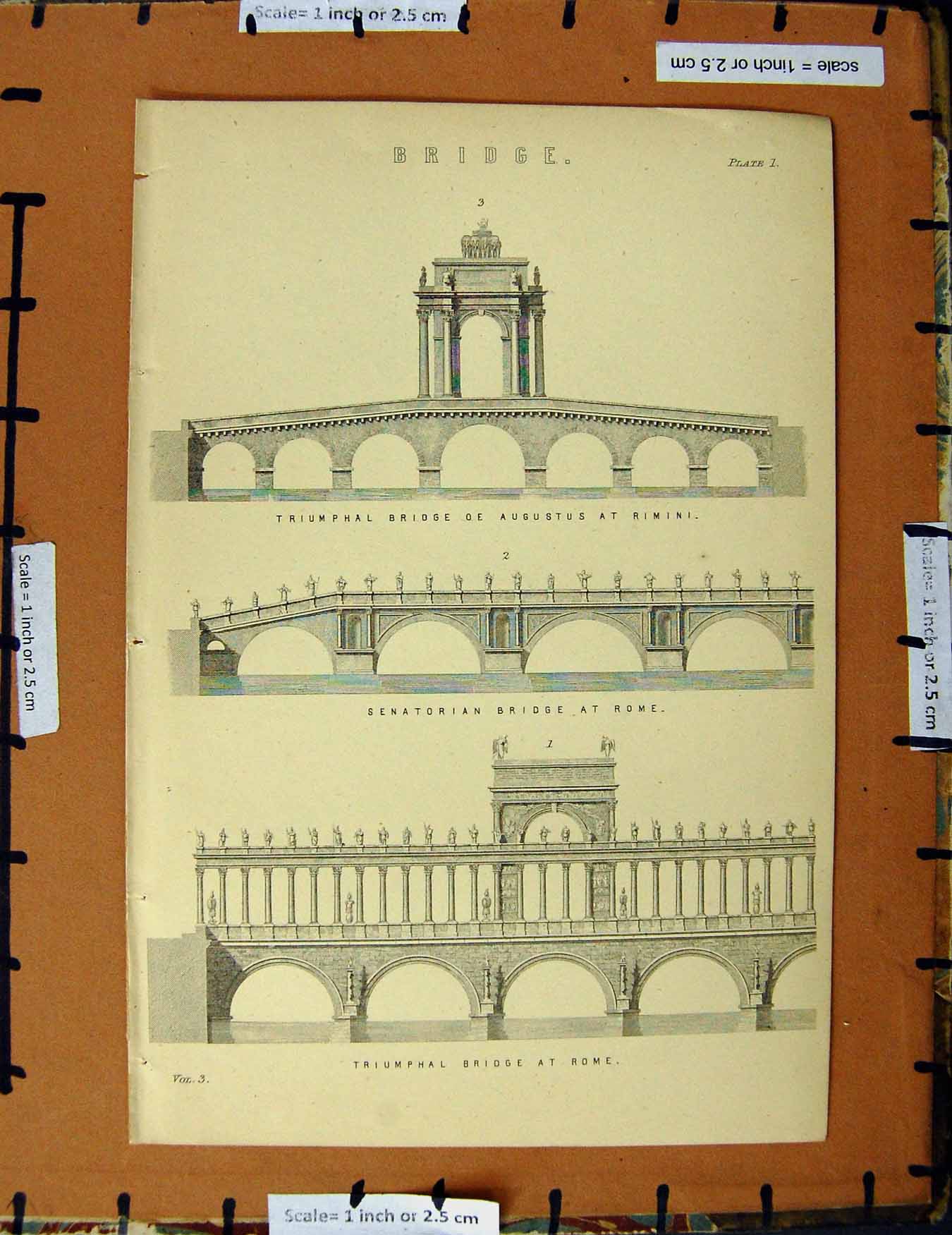 Original Old Antique Print C1800-1870 Bridge Rimini Rome Augustus 19th Century