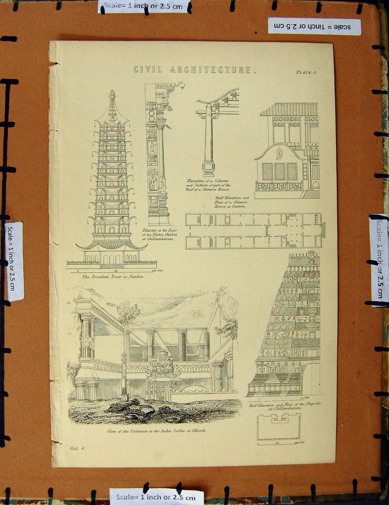 Original Old Antique Print C1800-1870 Architecture Canton Ellorah 19th Century