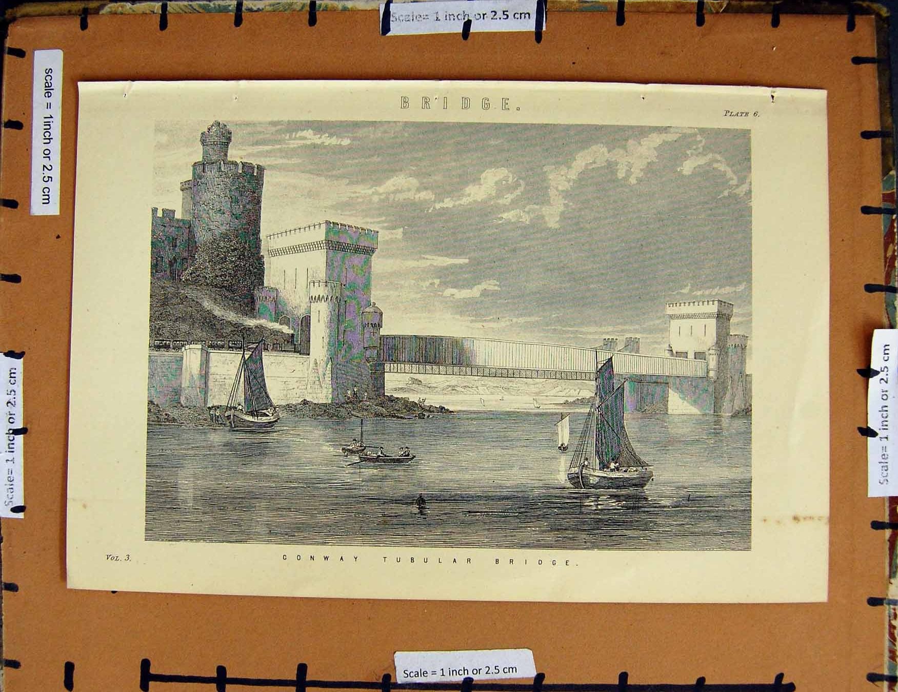 Original Old Antique Print C1800-1870 Conway Tubular Bridge Boats 19th Century
