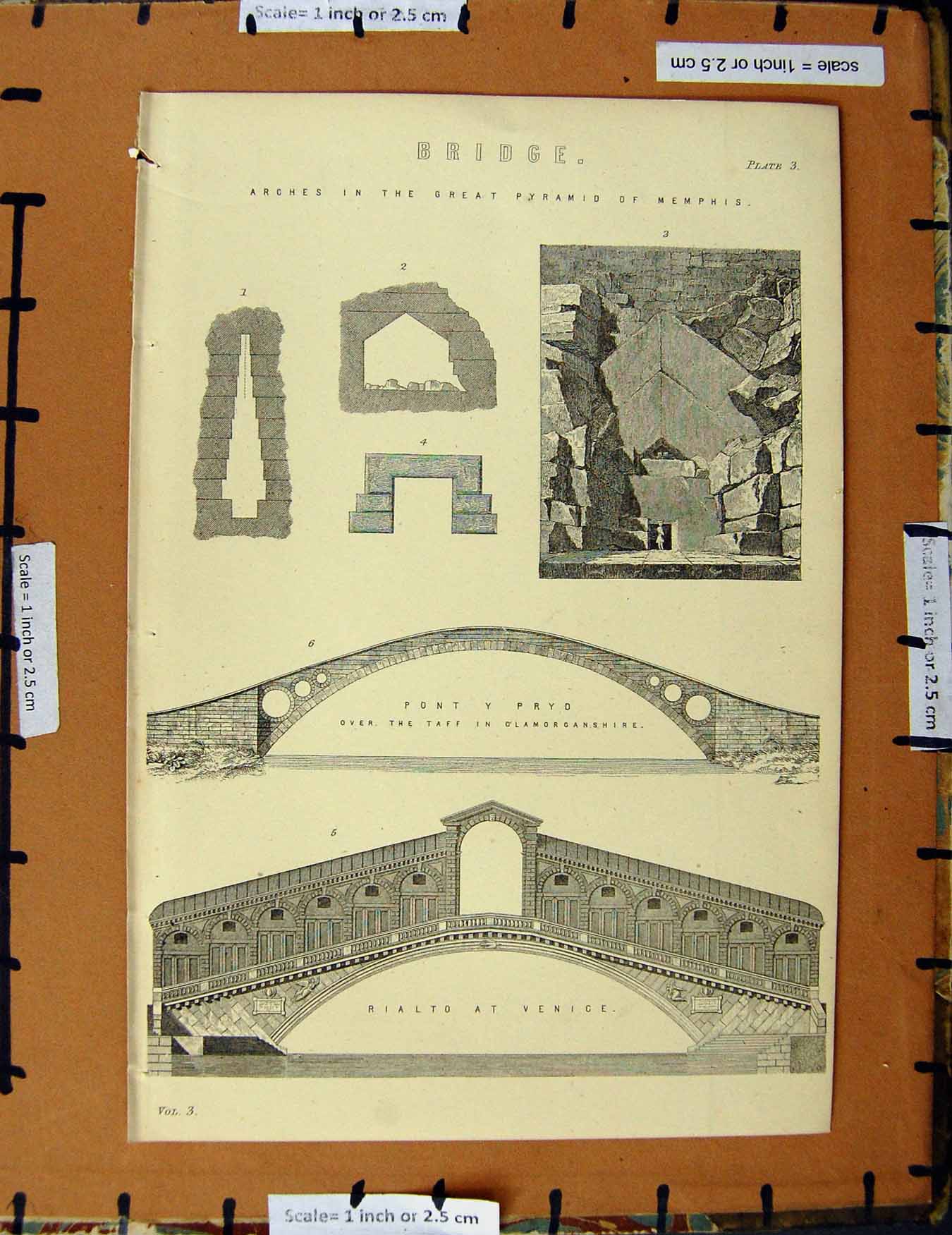 Original Old Antique Print C1800-1870 Bridge Venice Pyramid Memphis 19th