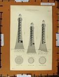 Original Old Antique Print C1800-1870 Lighthouse Wolf Rock Chicken 19th Century