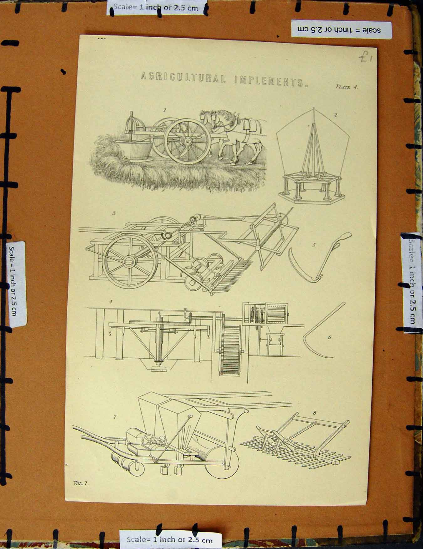 Original Old Antique Print Ref.238 C1800-1870 Agricultural Implements Farm