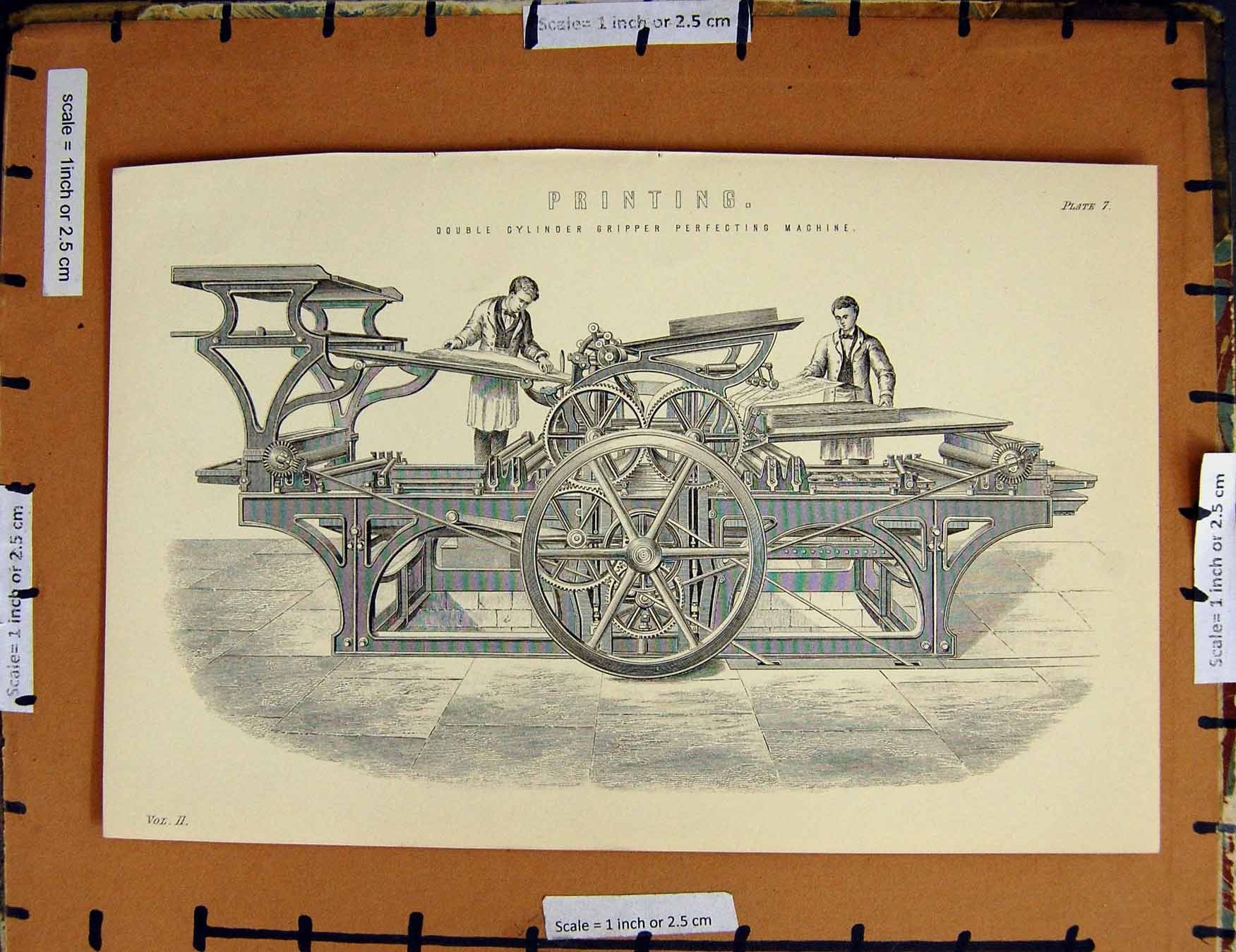 Original Old Antique Print C1800-1870 Cylinder Gripper Ing Machine 19th Century
