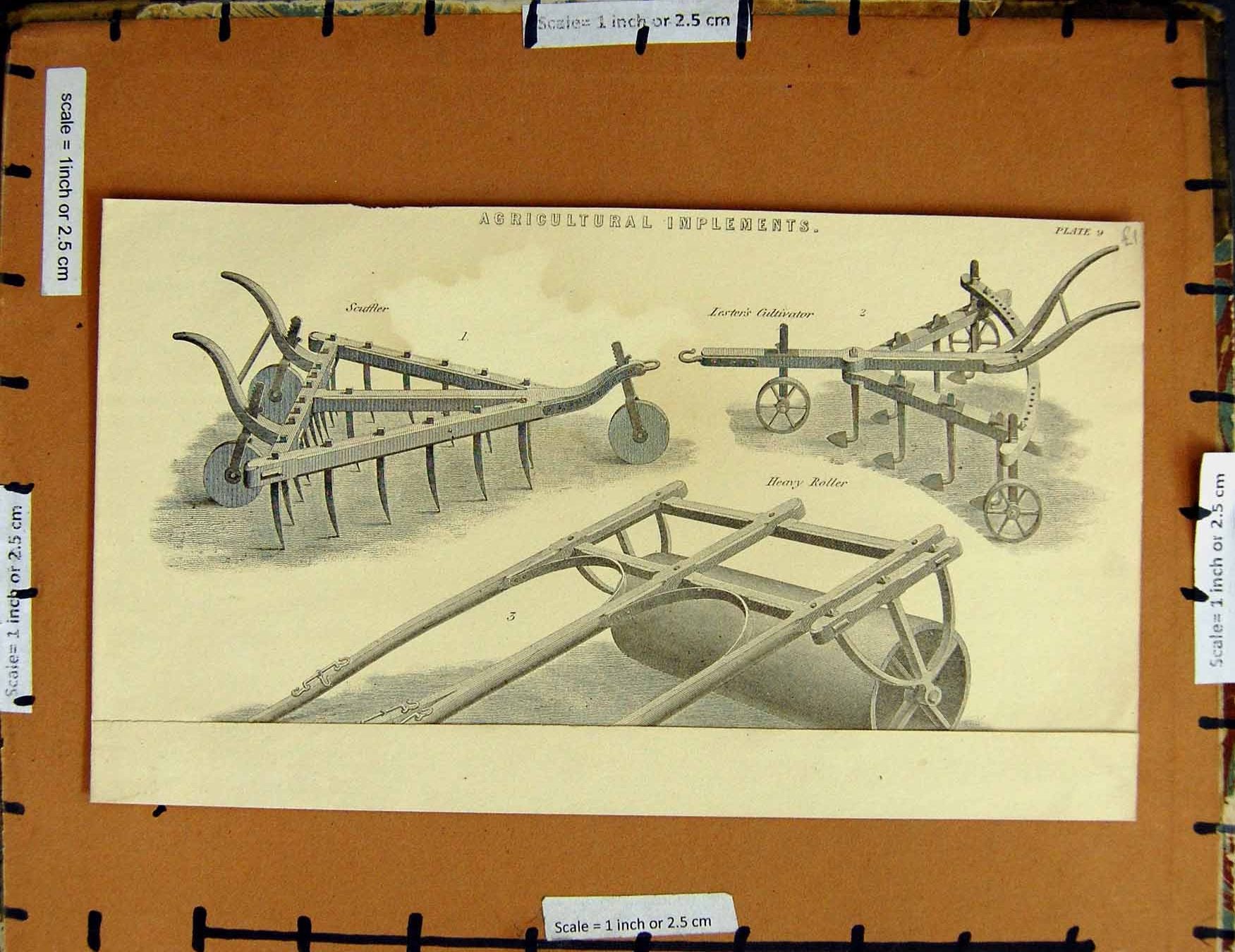 Original Old Antique Print C1800-1870 Agricultural Implements Cultivator 19th