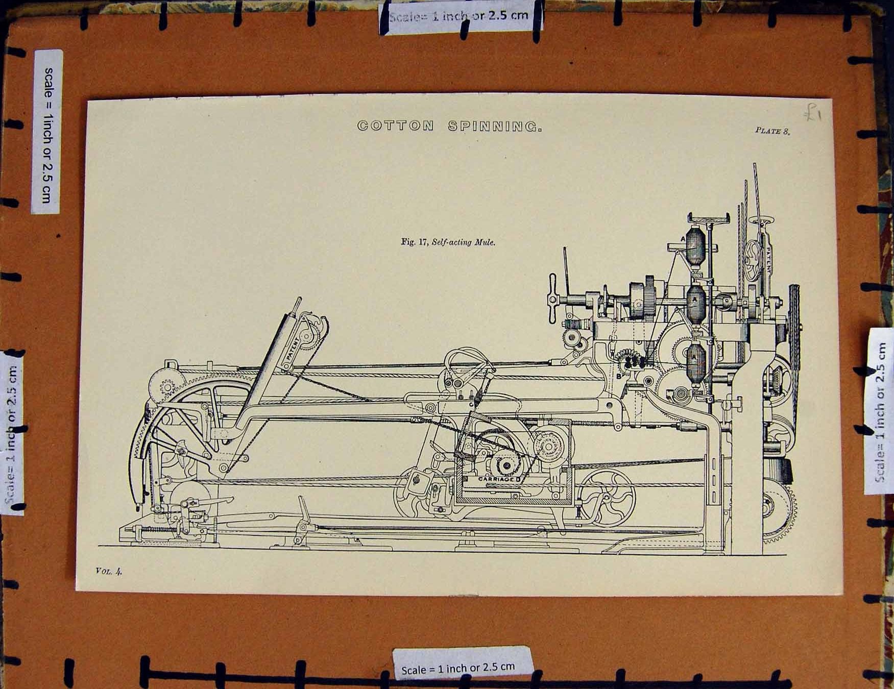 Original Old Antique Print C1800-1870 Cotton Spinning Mule Machinery 19th