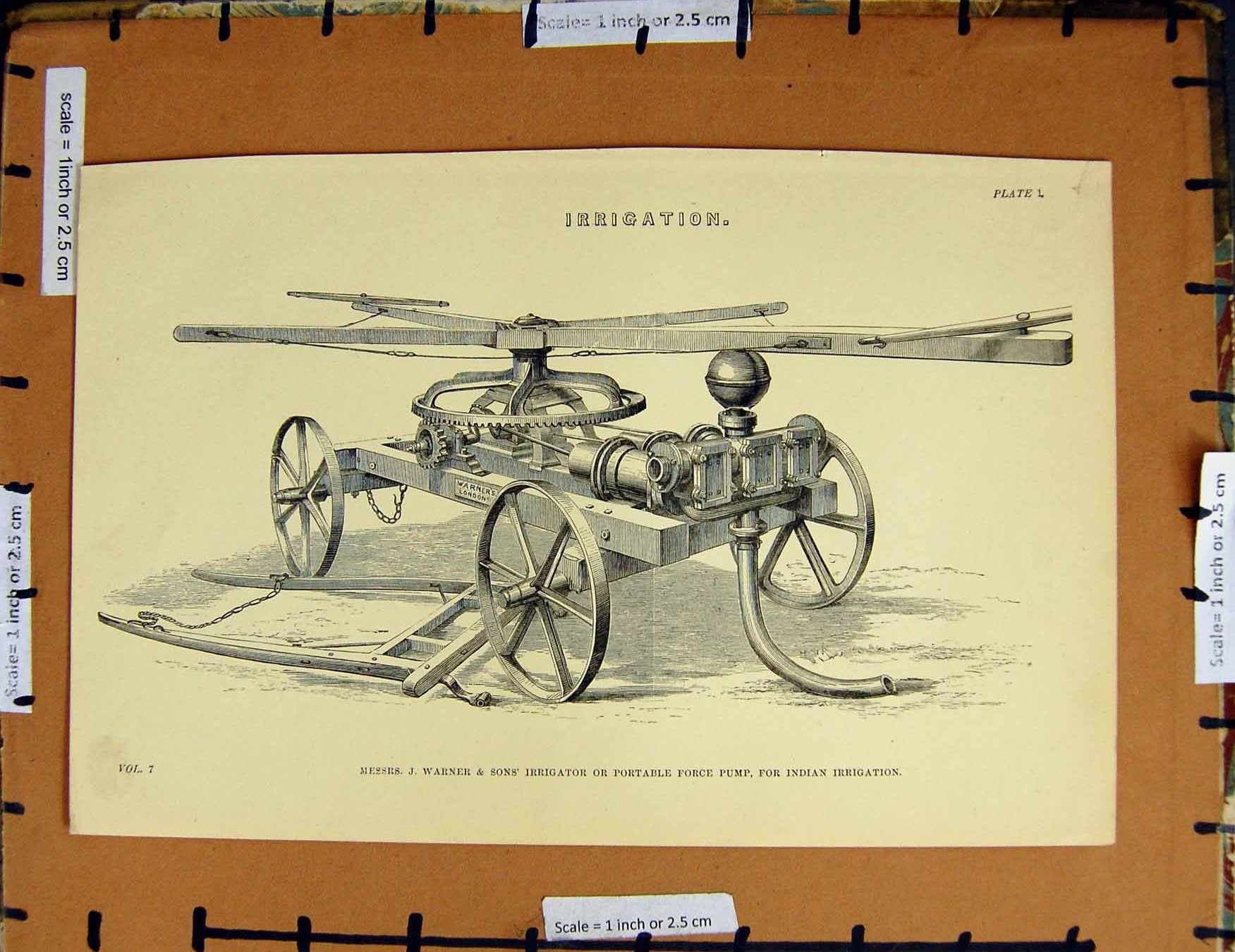 Original Old Antique Print C1800-1870 Irrigation Warner Machinery Pump 19th