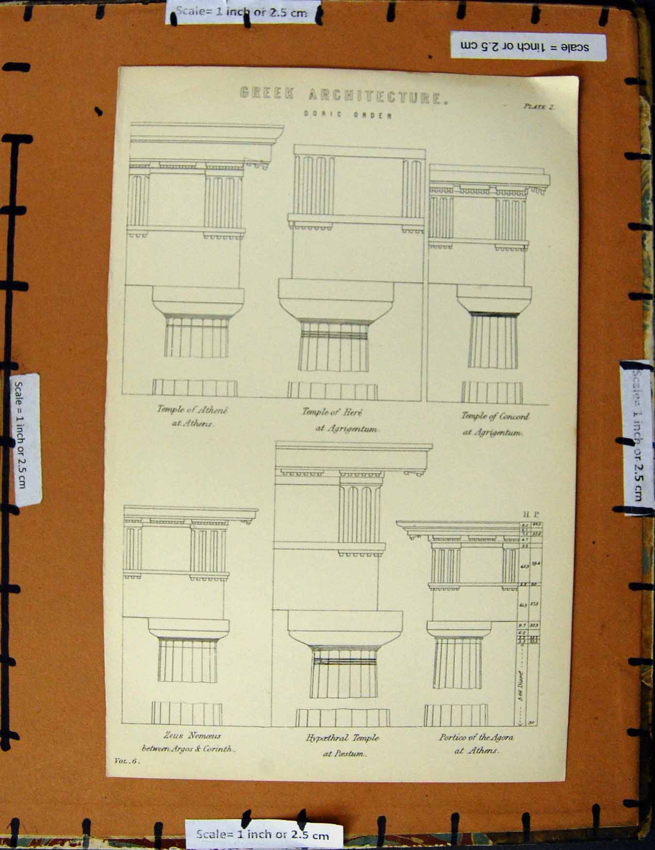 Original Old Antique Print C1800-1870 Greek Architecture Doric Temple 19th