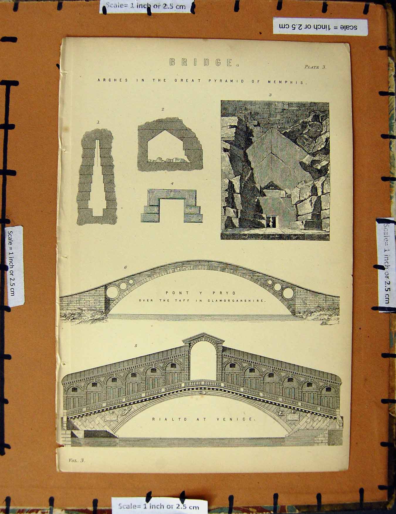 Original Old Antique Print C1800-1870 Bridge Pyramid Memphis Venice 19th