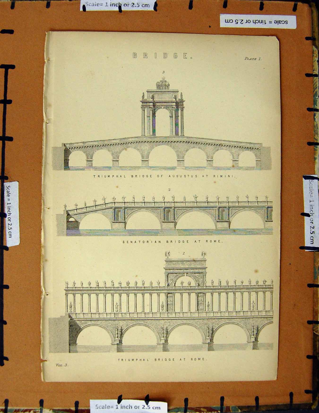 Original Old Antique Print C1800-1870 Bridge Rome Augustus Rimini 19th Century
