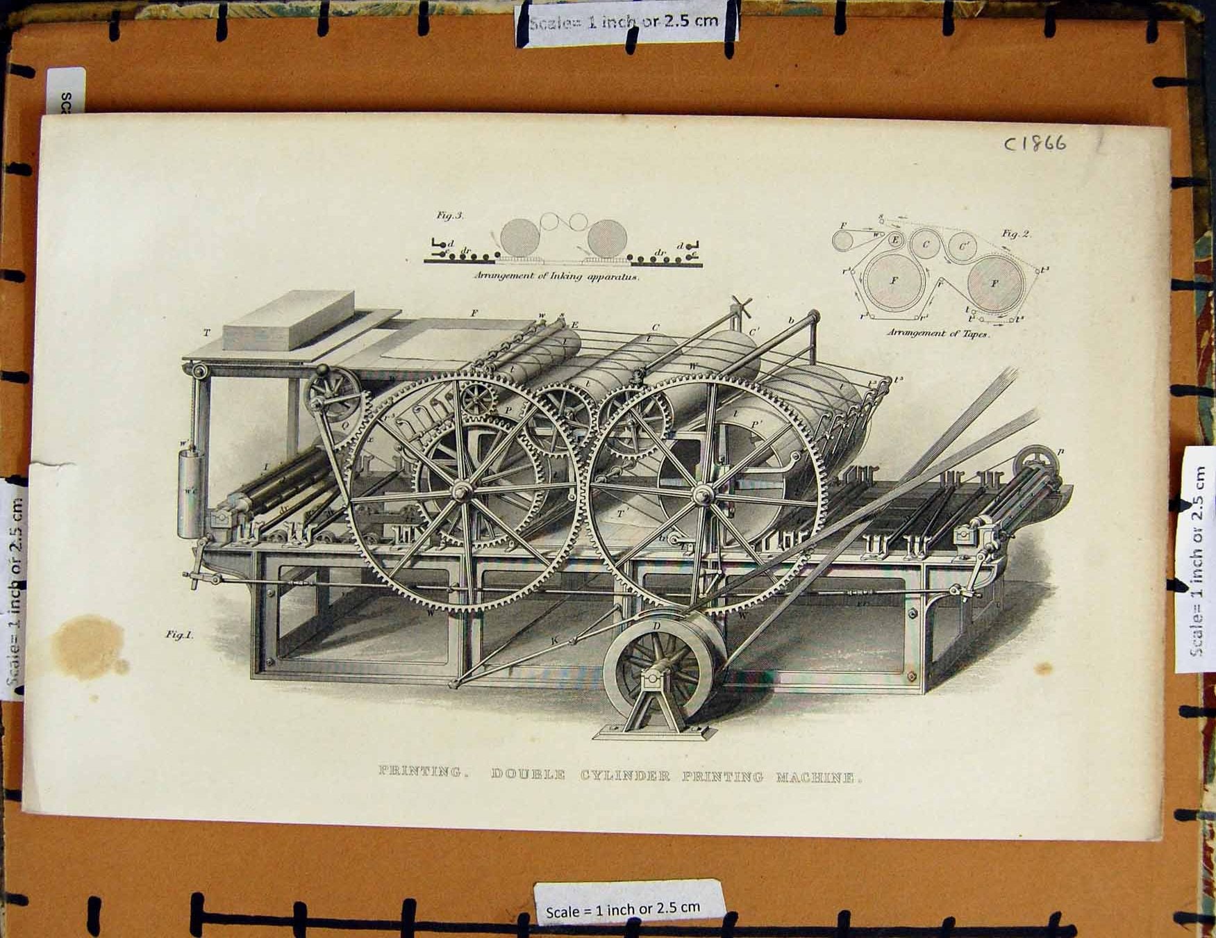 Original Old Antique Print C1800-1870 Cylinder Ing Machine 19th